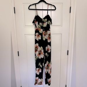 VENUS Black Floral Jumpsuit with Ruffle Neckline